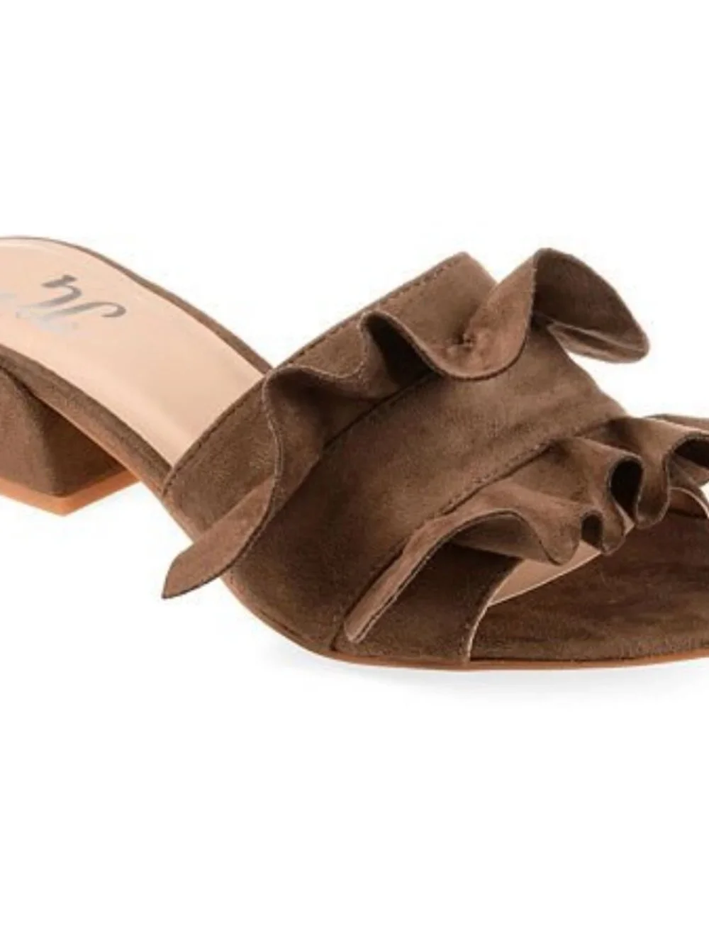 Journee Collection Sabica Taupe Ruffle Slide Sandals Block Heel Women's Size 5.5